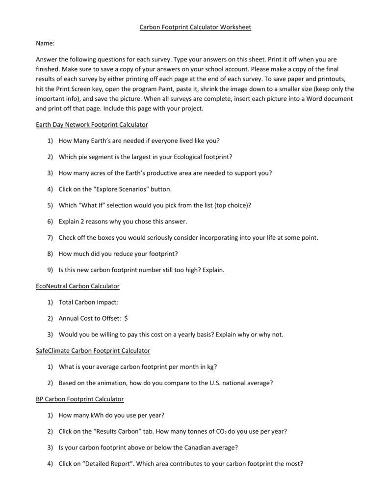 Carbon Footprint Calculator Worksheet