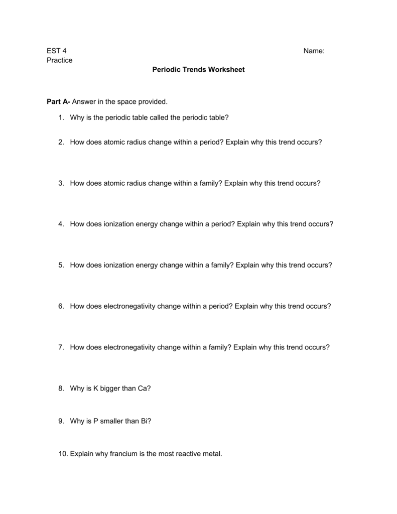 Periodic Table Trends Worksheet