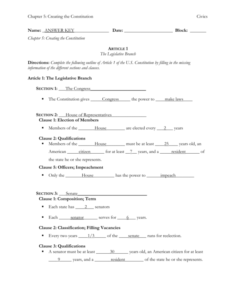The Articles Of The Constitution Worksheets Answer Key 