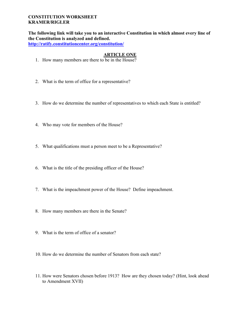CONSTITUTION WORKSHEET Throughout The Us Constitution Worksheet