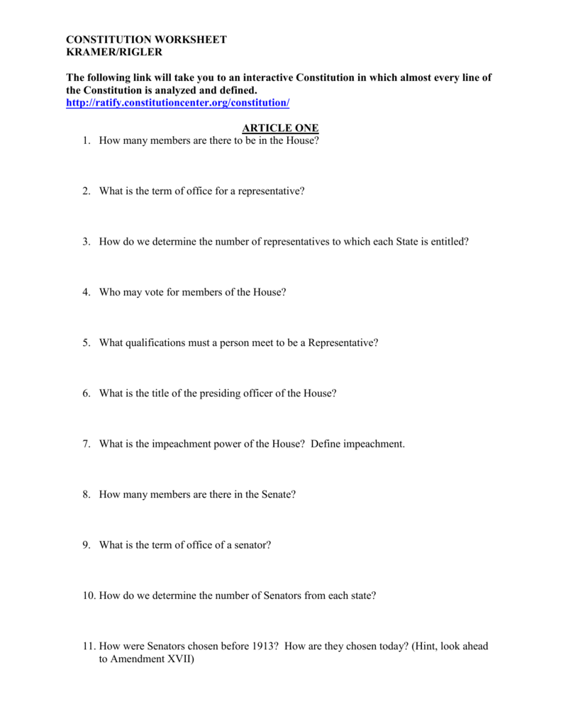 CONSTITUTION WORKSHEET Intended For United States Constitution Worksheet