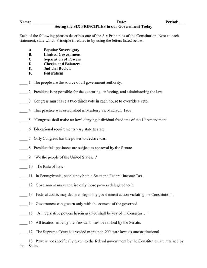 22 basic principles worksheet Regarding The Us Constitution Worksheet Answers