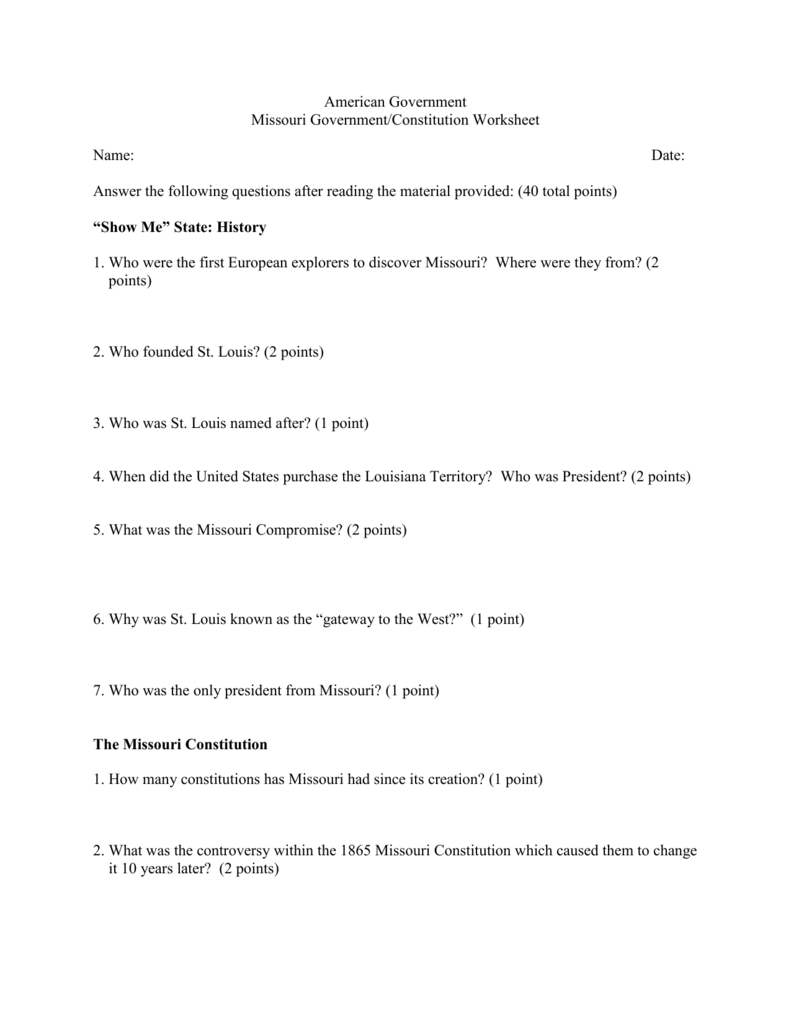 American Government Missouri Government/Constitution Worksheet With Regard To United States Constitution Worksheet