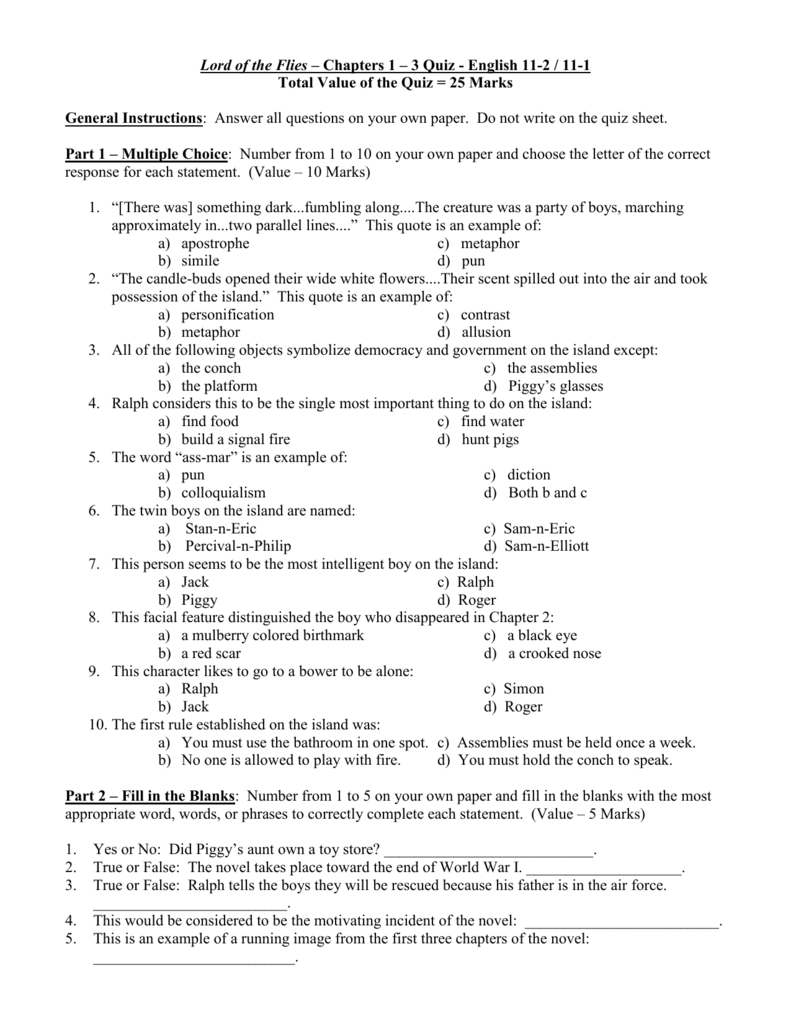 Lord of the flies chapters 1 3 quiz 