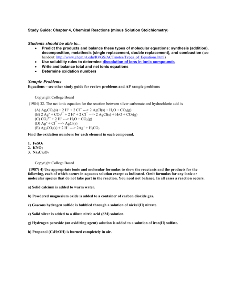 Study Guide Chapter 4 Chemical Reactions And