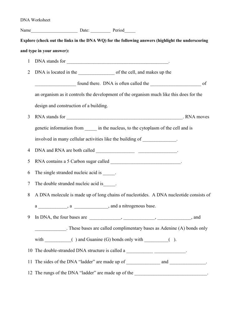 DNA Worksheet Pertaining To Nucleic Acids Worksheet Answers