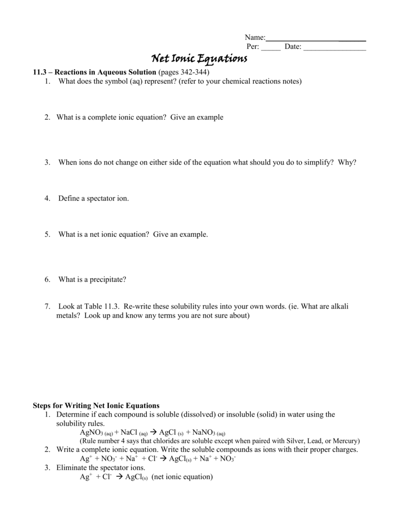 Net Ionic Equation Worksheet Throughout Net Ionic Equations Worksheet