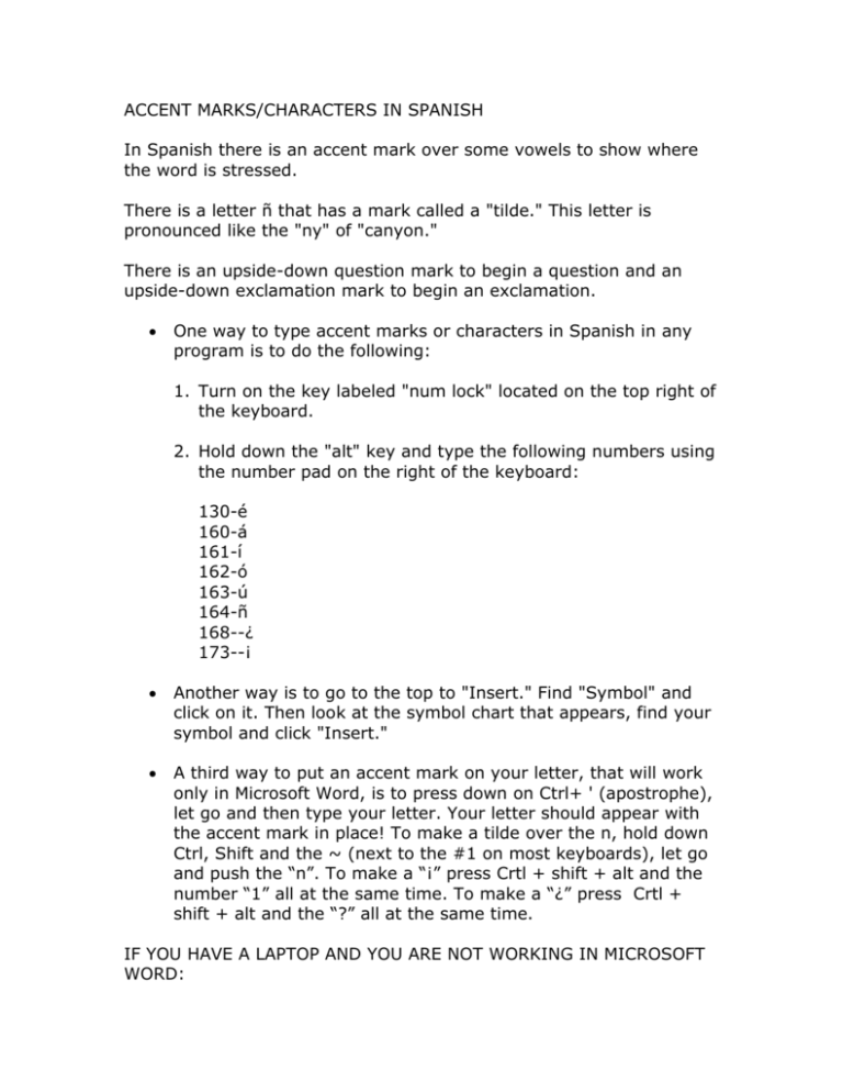 ACCENT MARKS CHARACTERS IN SPANISH