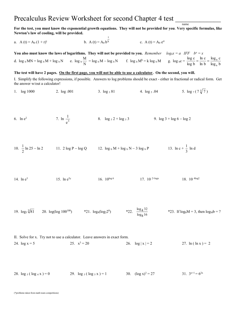 Precalculus Review Worksheet For First Chapter 5 Test