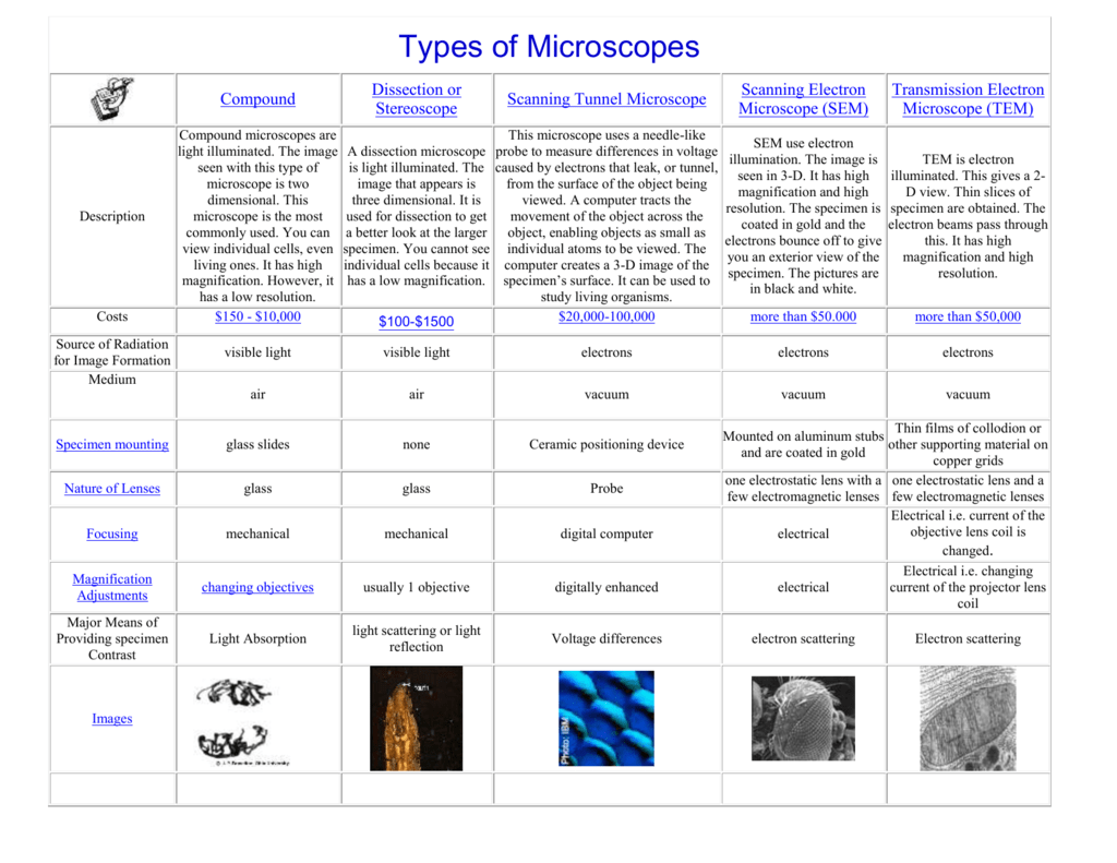 Microscopes Comparison Chart