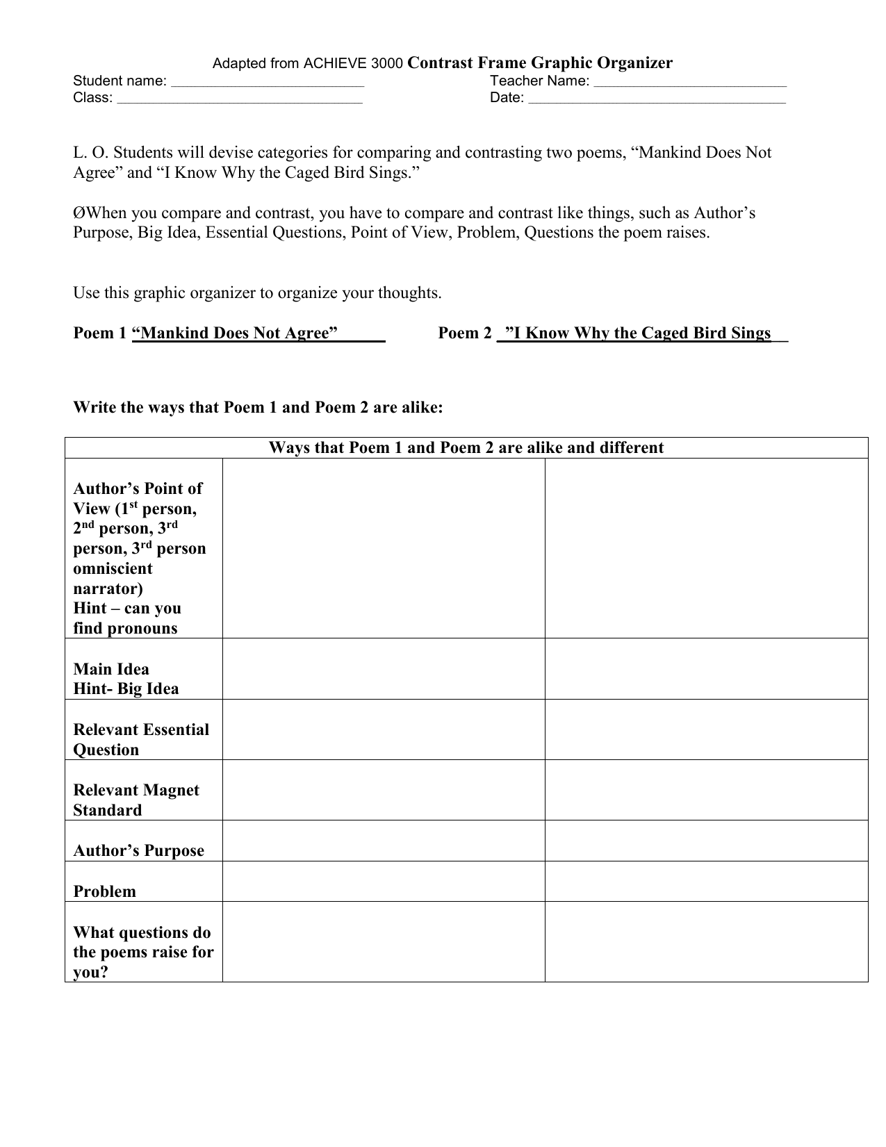 Graphic Organizer Compare Contrast 2 Poems 