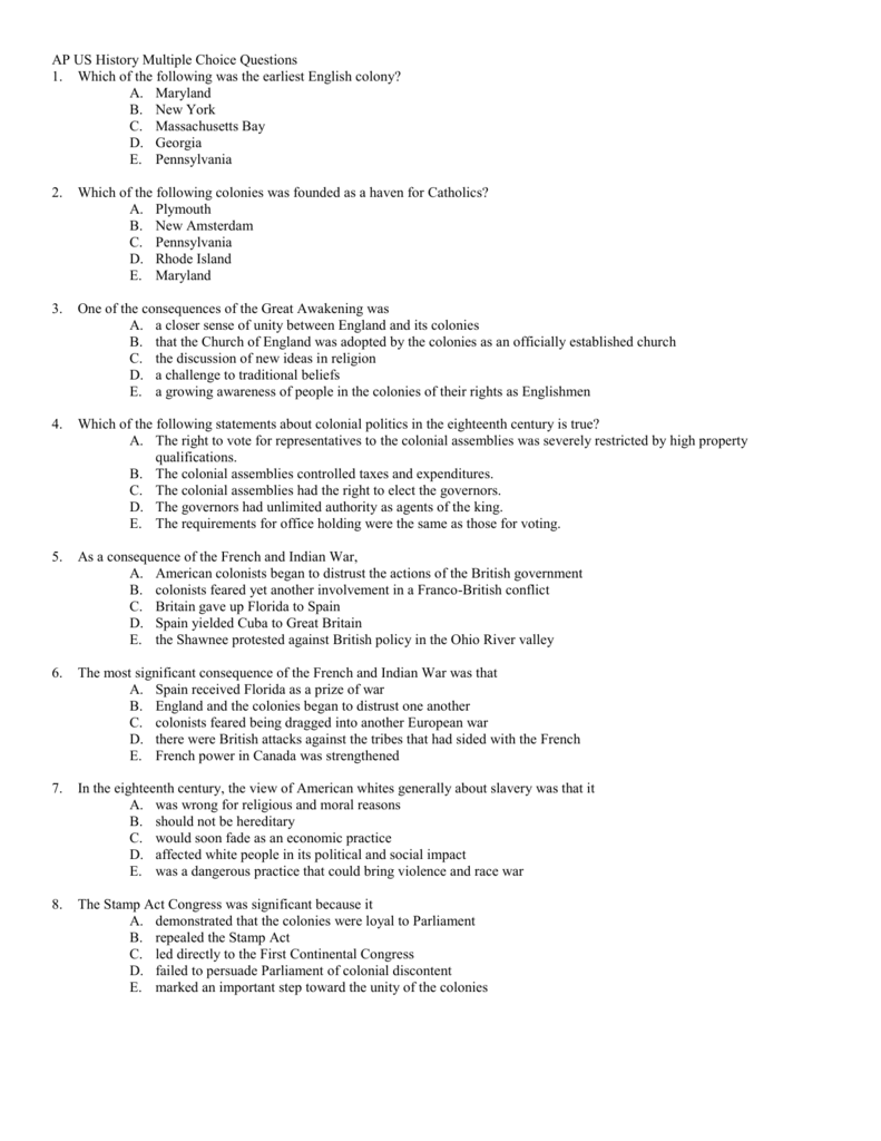 AP US History Multiple Choice Questions