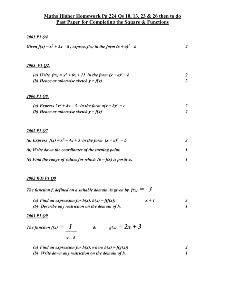 Maths Higher Homework Pg 224 Qs 10 13 23 26 Then To Do Past