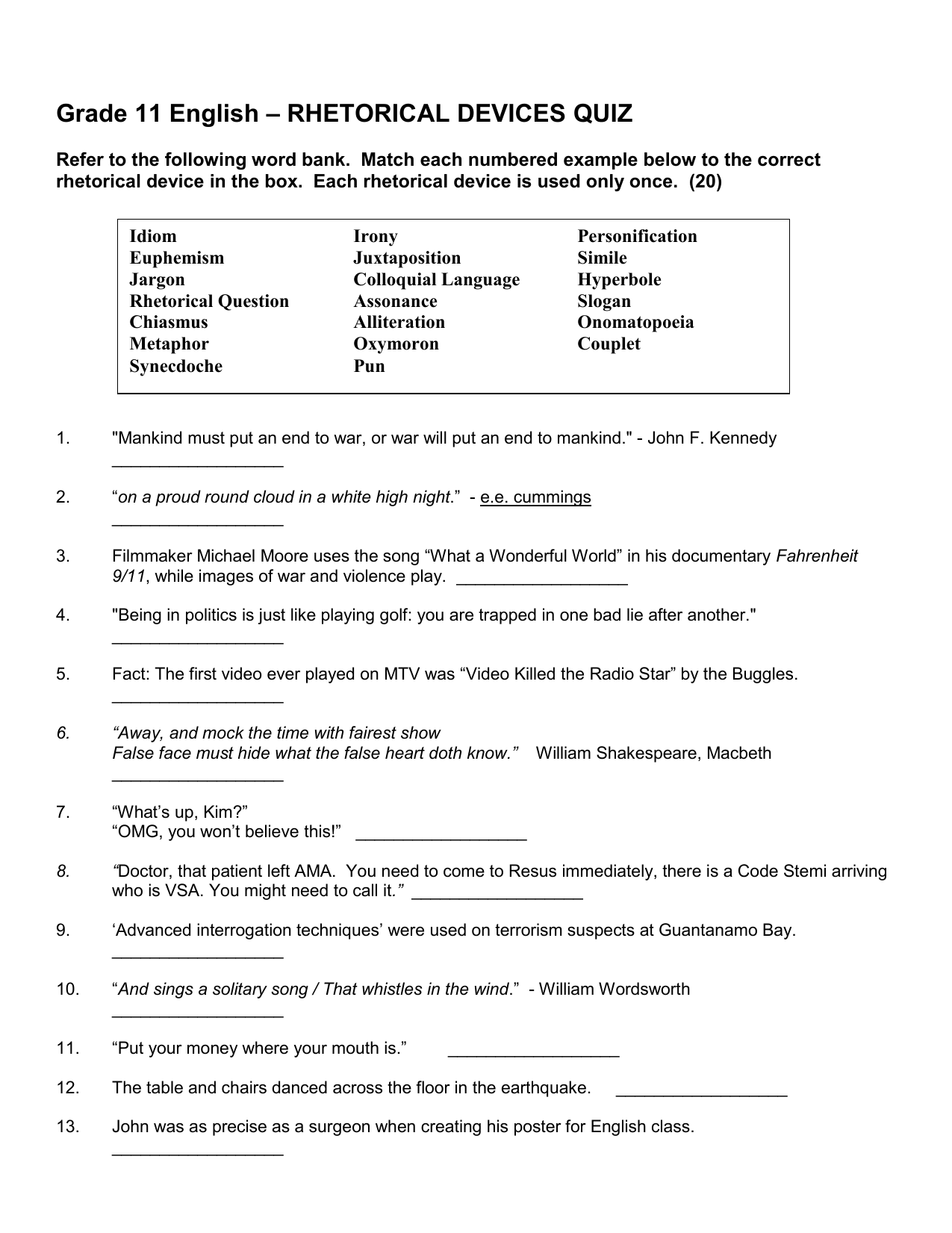 Grade 11 English Rhetorical Devices Quiz