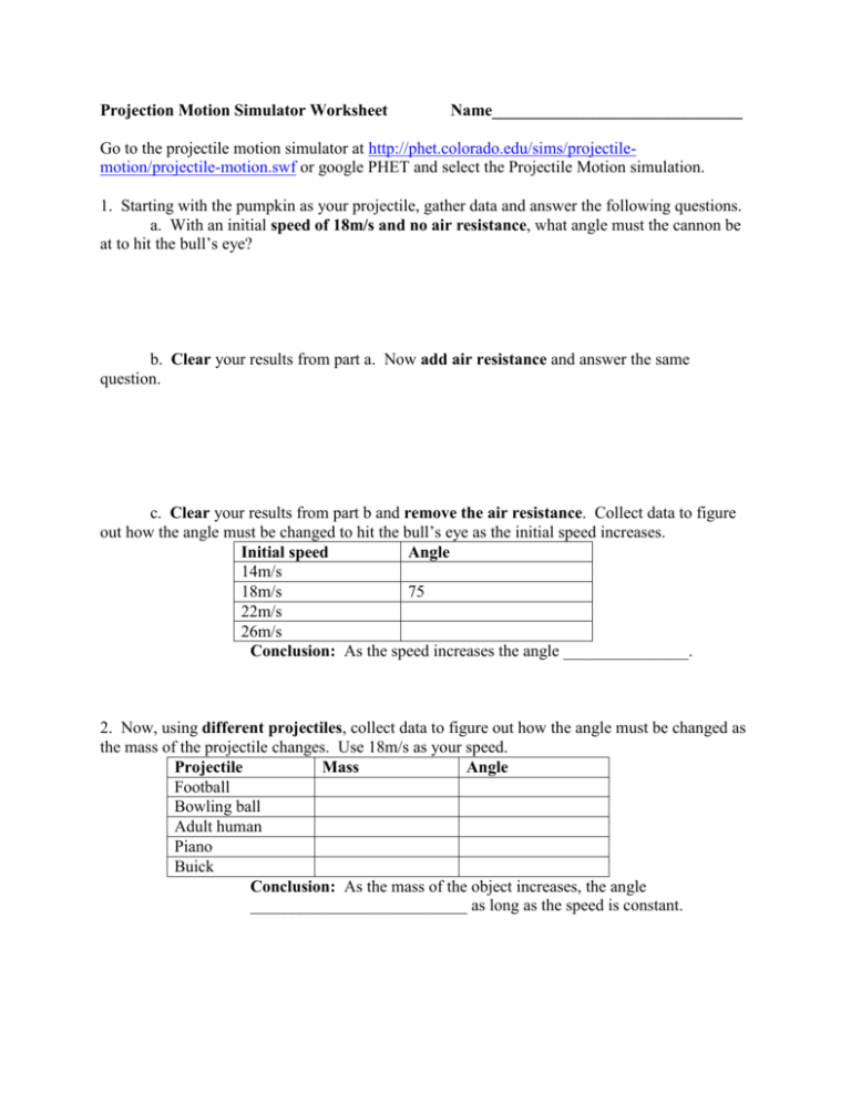 Phet Simulation Projectile Motion Worksheet Answer Key 