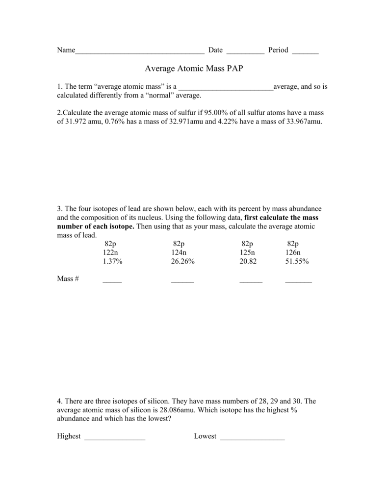 Average Atomic Mass Worksheet Answers E Street Light