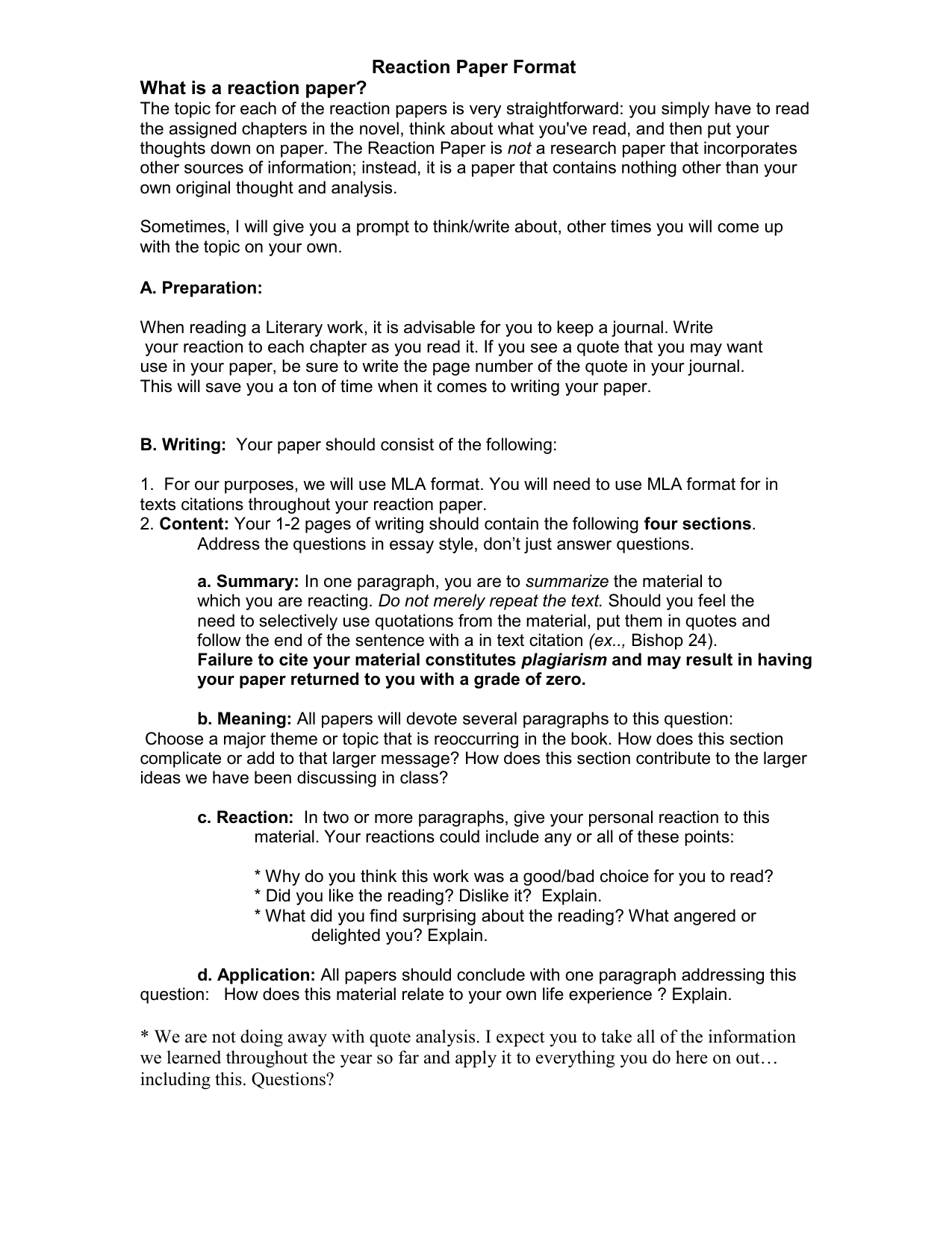 Reaction Paper Format - Writing