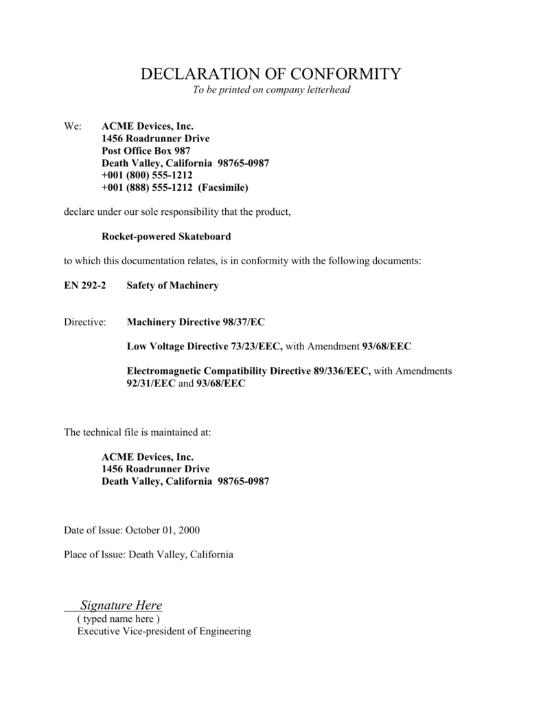 Template for Declaration of Conformity (MS Word) With Regard To Certificate Of Conformity Template Free