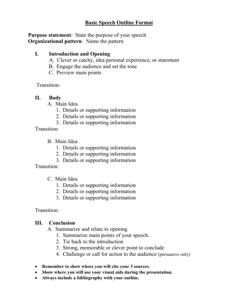 working outline example for speech