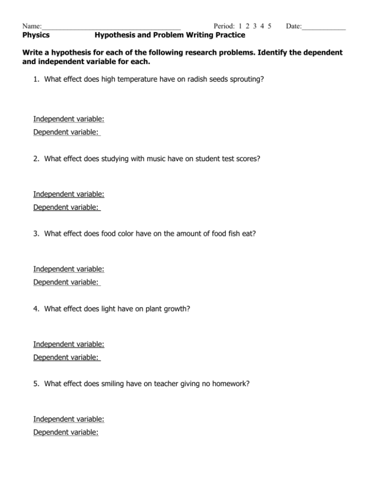 Variables And Hypothesis Worksheet Answers