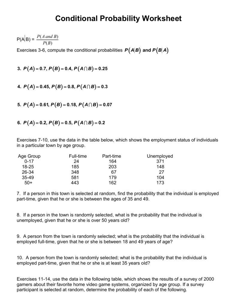 Conditional Probability Worksheet Intended For Probability Worksheet High School