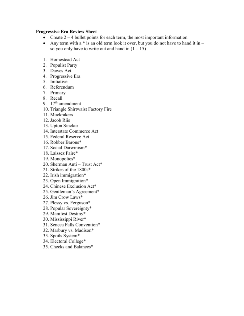 Progressive Era Review Sheet Throughout The Progressive Era Worksheet