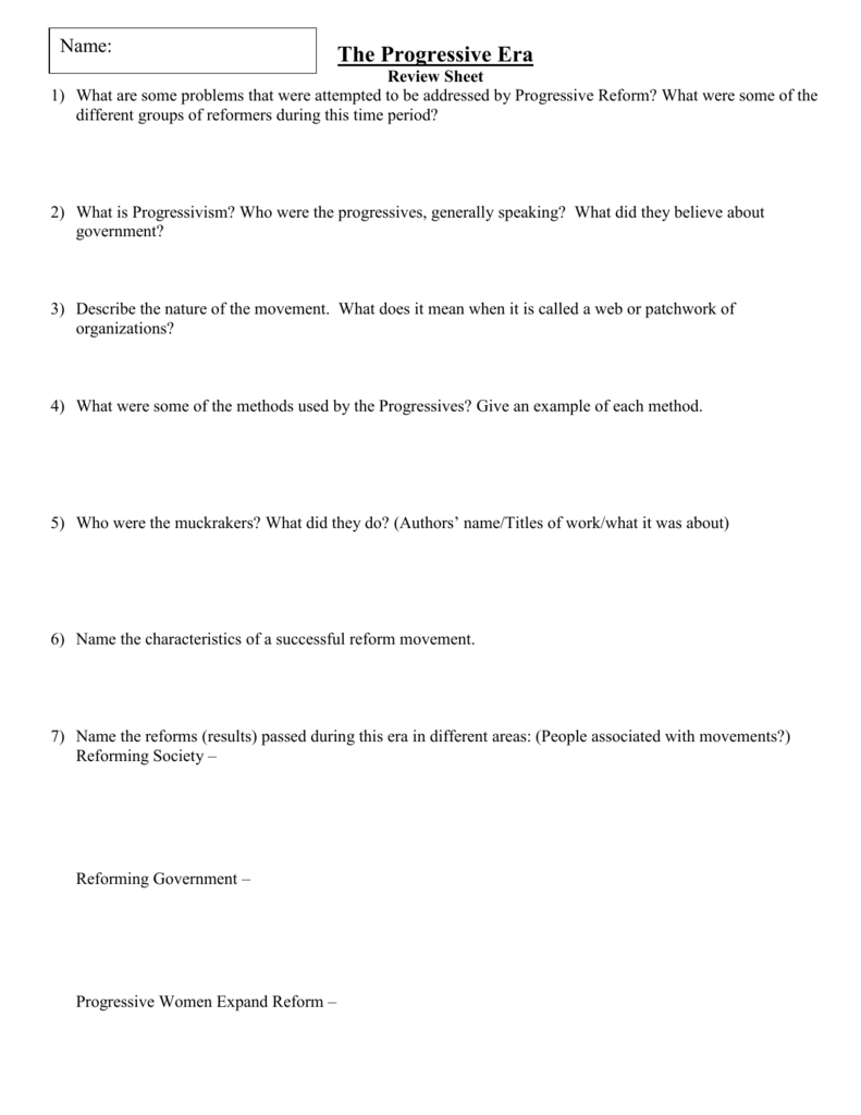 The Progressive Era Regarding The Progressive Era Worksheet