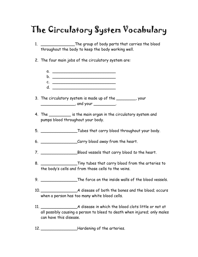 The Circulatory System Vocabulary For Circulatory System Worksheet Pdf