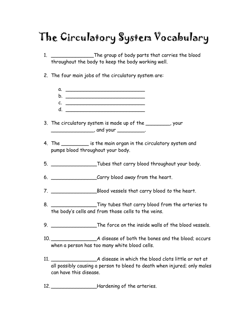 The Circulatory System Vocabulary Regarding Circulatory System Worksheet Pdf