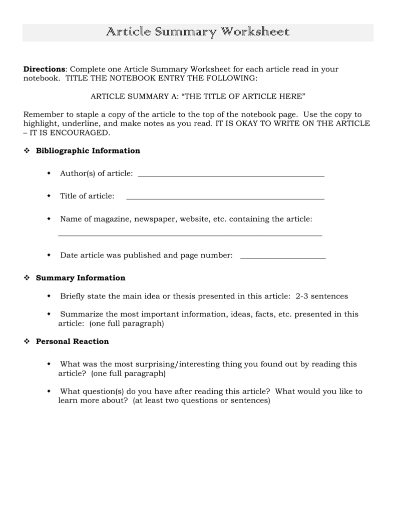 article-summary-worksheet