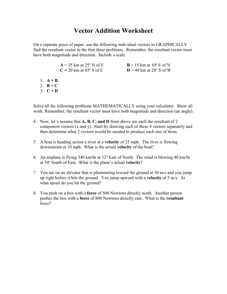 Vector Addition Worksheet With Vector Addition Worksheet With Answers