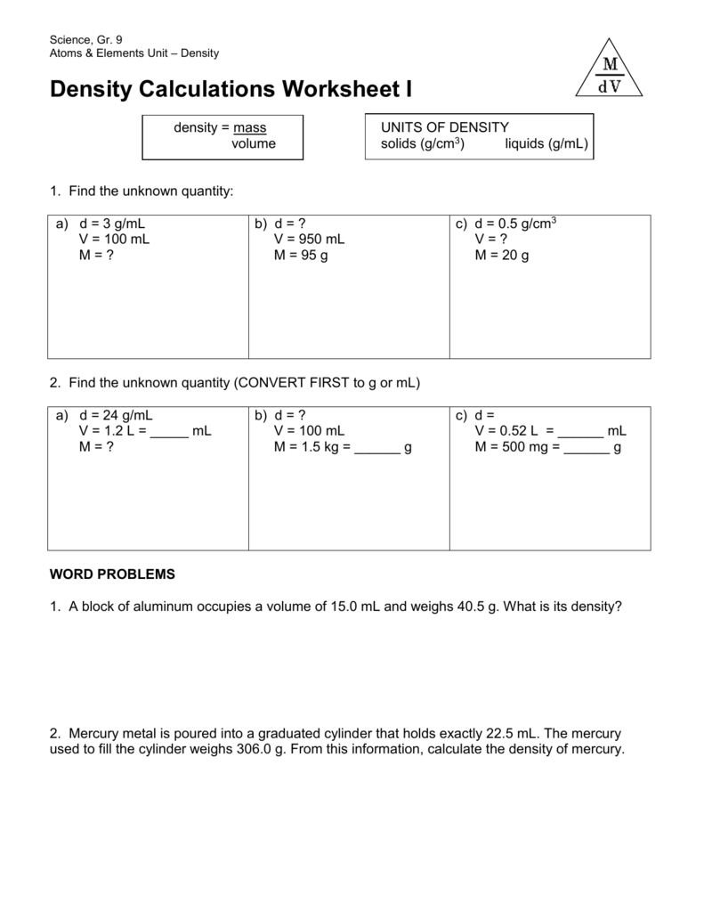 Density Worksheets 2 Answer Key