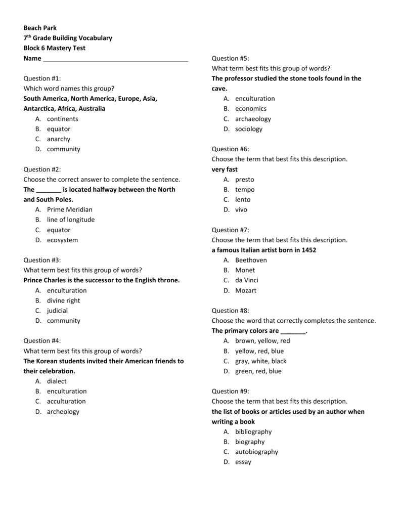 Beach Park 7th Grade Building Vocabulary Block 6 Mastery Test