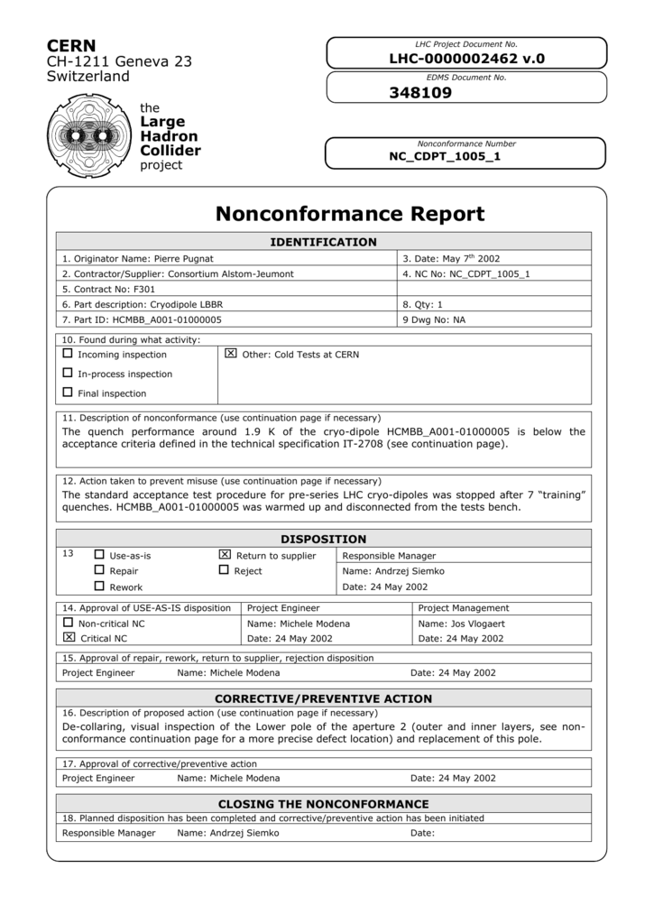 Non Conformance Report Form Template