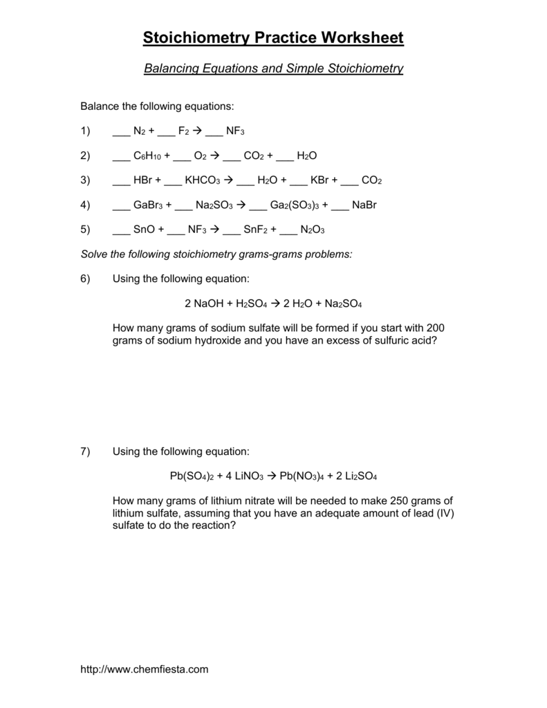 Stoichiometry Grade 11 Worksheet
