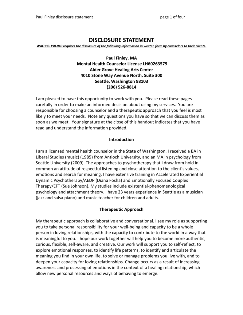 Disclosure Statement Paul Finley Counseling And Psychotherapy