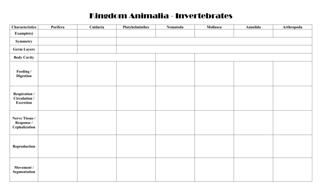 Kingdom Animalia Invertebrates Chart