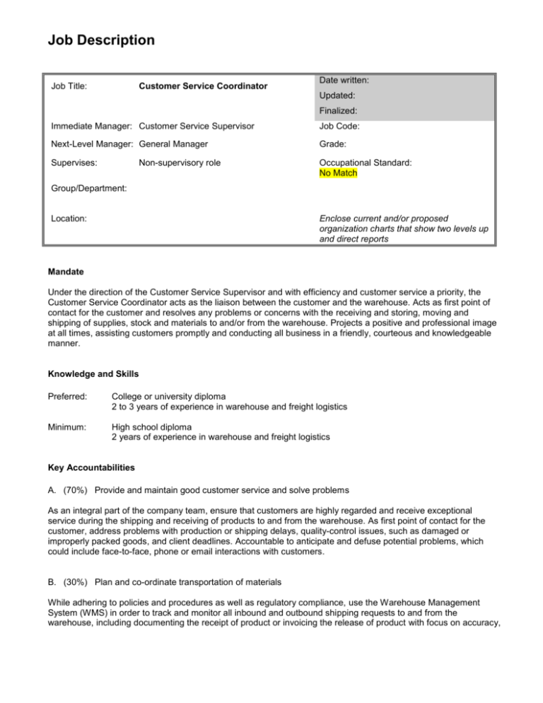 Customer Service Coordinator