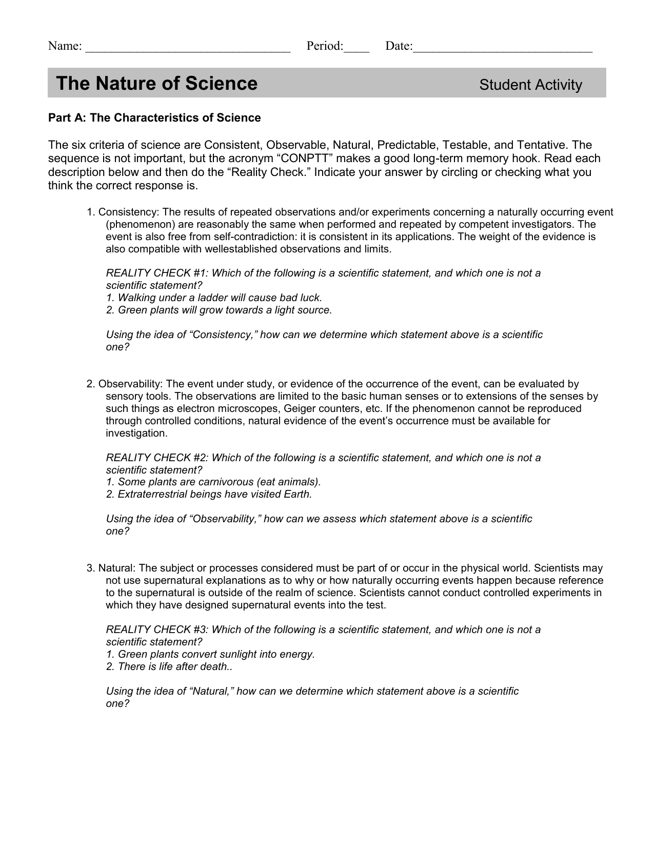 The Nature of Science – Fact or Fiction Within The Nature Of Science Worksheet