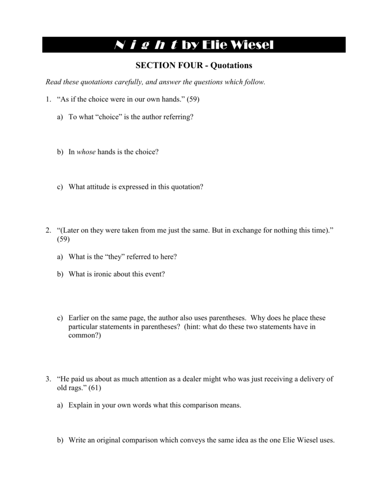 Night – Chapter 4 – Worksheet With  Regard To Night Elie Wiesel Worksheet Answers