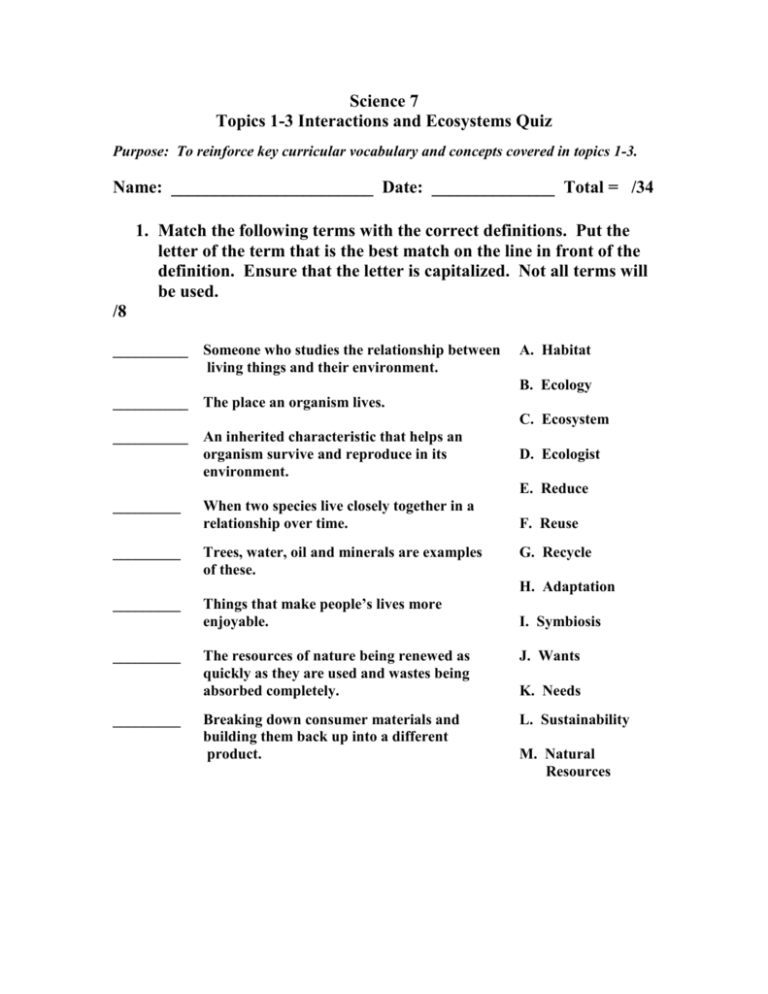 Topics 1 3 Interactions And Ecosystems Quiz