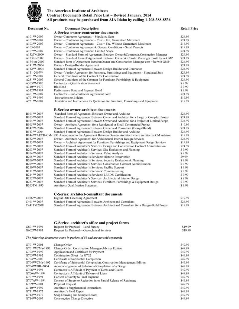 Aia Document Price List