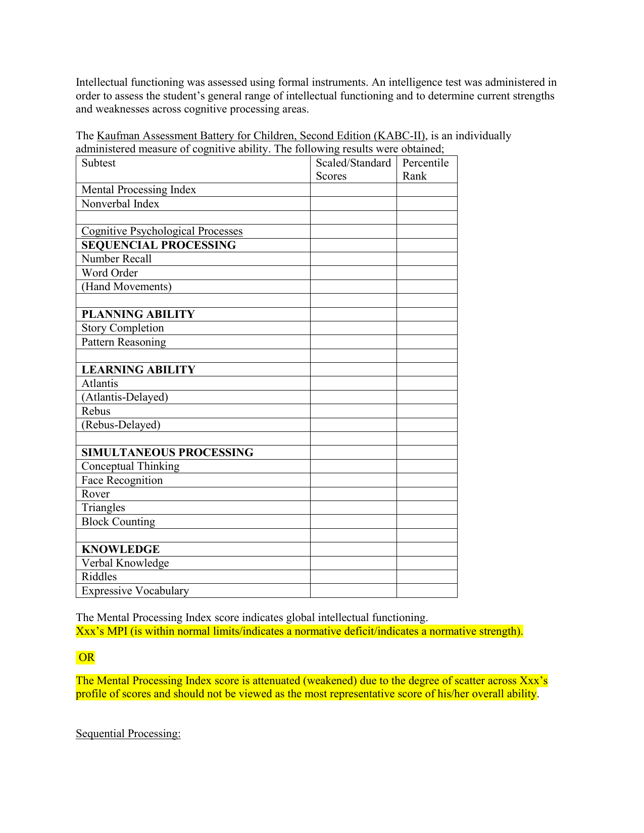 25 Cognitive Template- KABC Within Wppsi Iv Report Template
