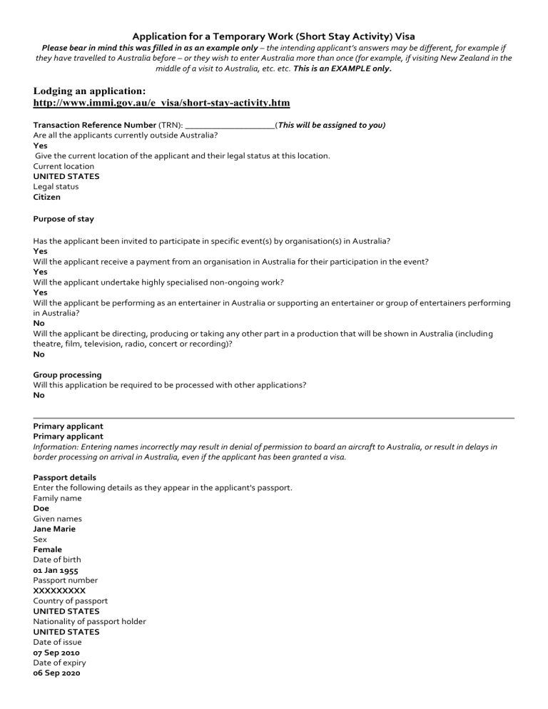 SAMPLE Application For A Temporary Work Visa