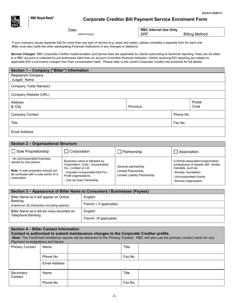 Corporate Creditor Bill Payment Service Enrolment Form