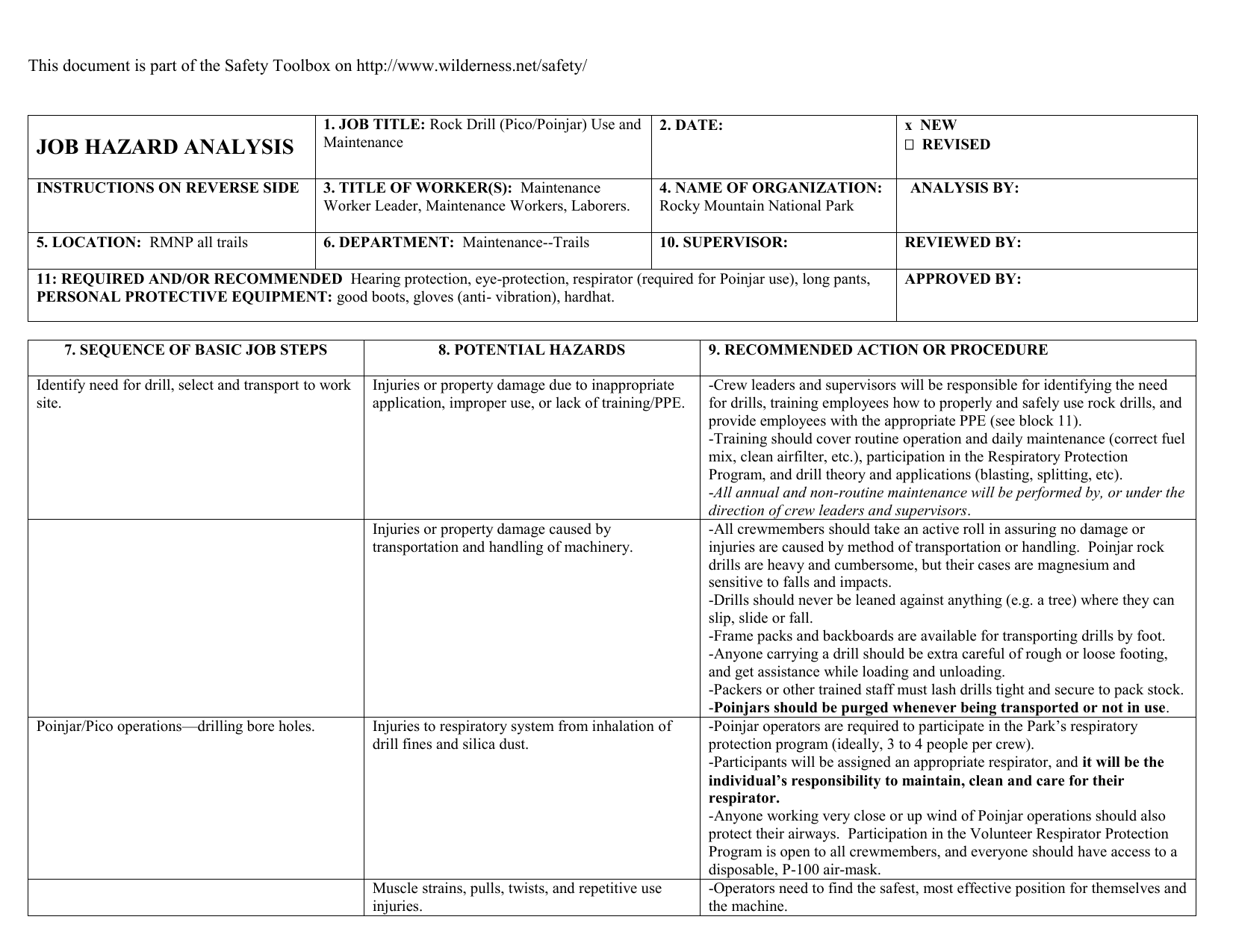 Job Hazard Analysis Rock Drill Use And