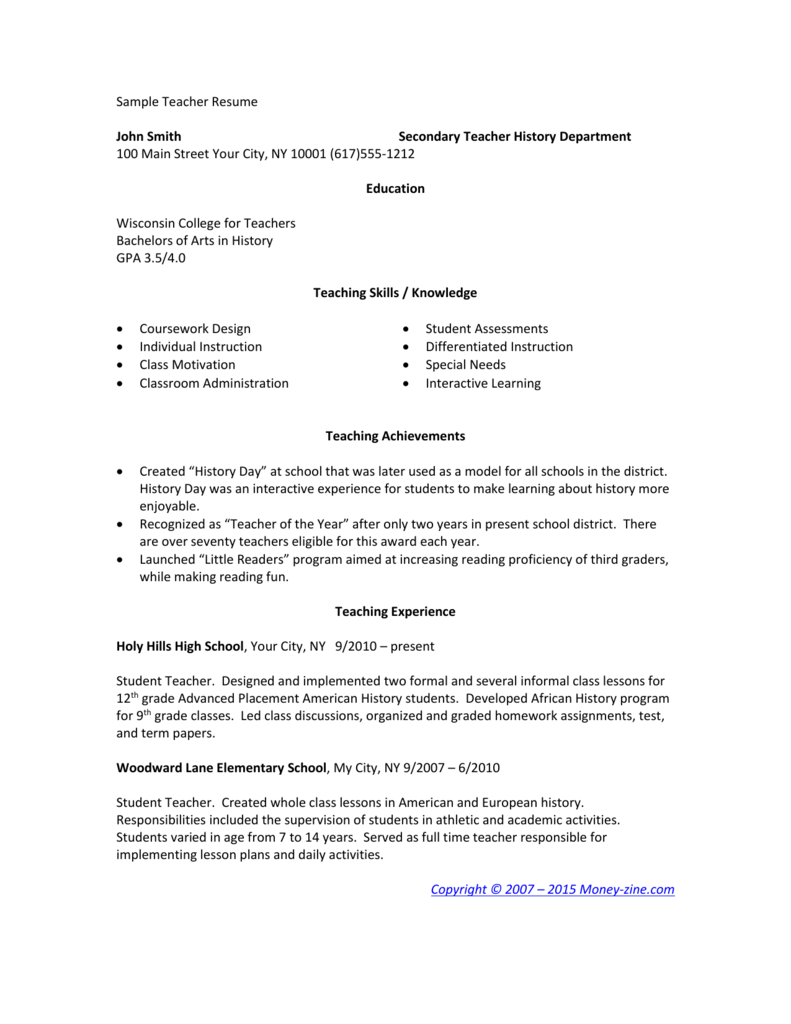 Sample Teacher Resume - Money