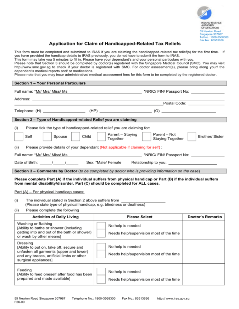 HandicappedRelated Tax Relief form