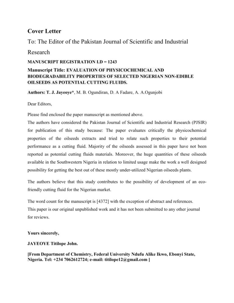 Cover Letter To The Editor of the Pakistan Journal of Scientific and