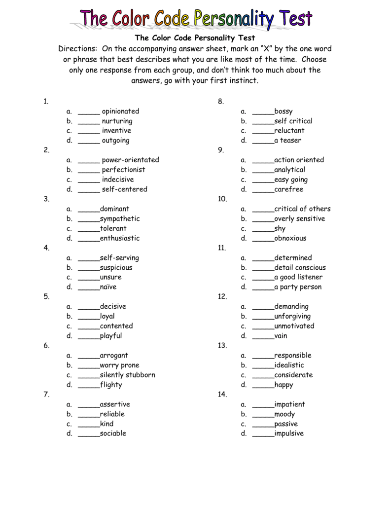 Free Color Code Personality Test Printable Printable Templates